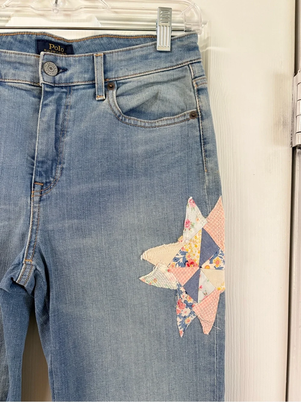 Polo Ralph Lauren Light Wash Patchwork Detail Fray Hem Flare Jeans Size 16 Kids